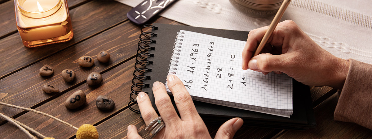 Woman with numerology annotations