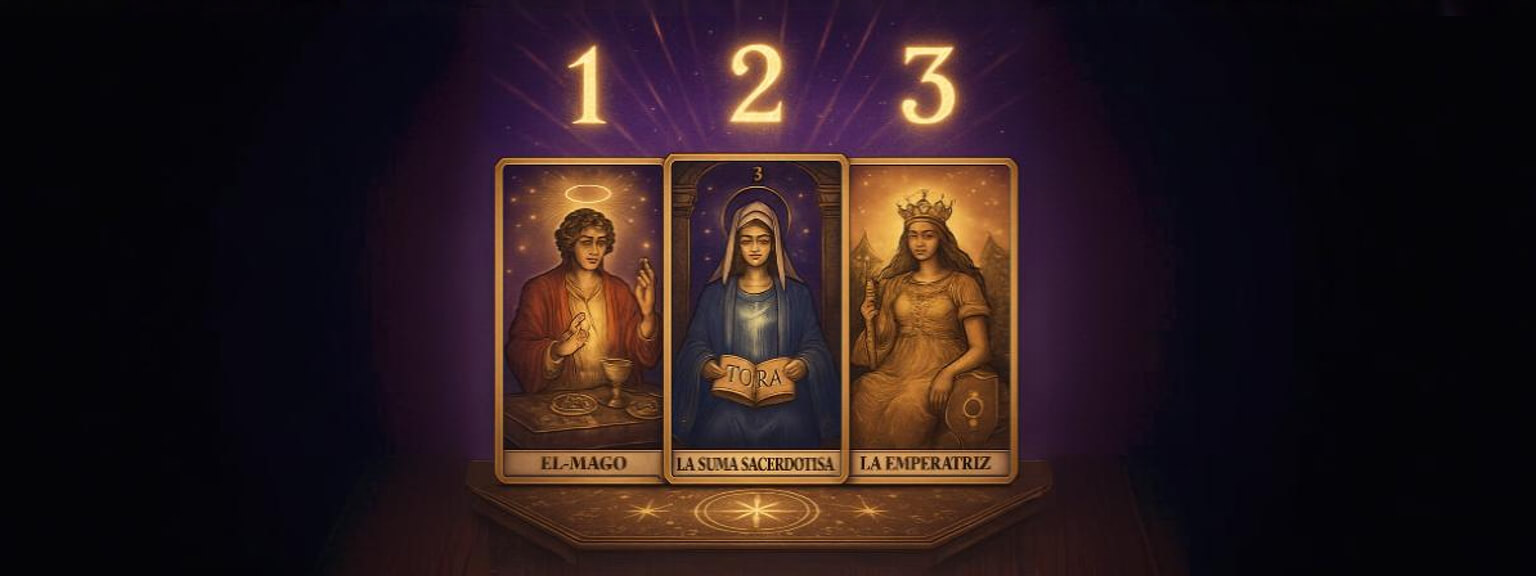 Tres cartas de tarot (El Mago, La Sacerdotisa, La Emperatriz) con números dorados 1, 2, 3 mostrando la conexión entre tarot y numerología