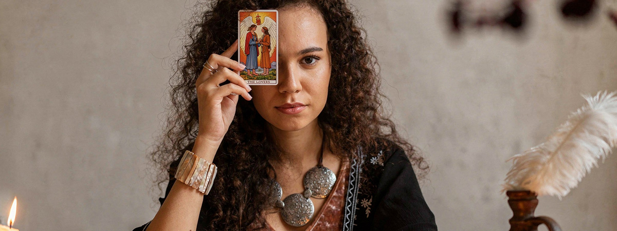Mujer sosteniendo la carta de los enamorados del tarot
