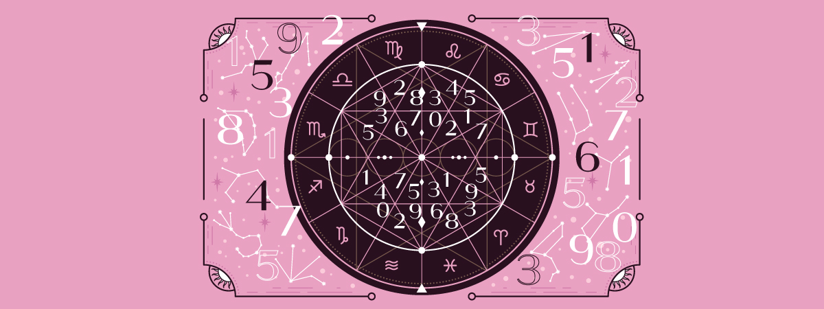 ueda del zodíaco con los 12 signos astrológicos rodeada de números numerológicos sobre fondo rosa
