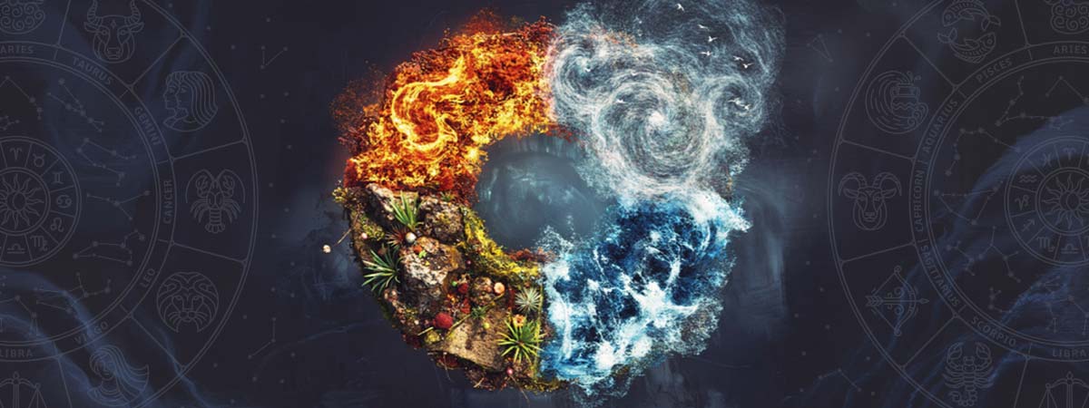 Círculo formado por los cuatro elementos — fuego, tierra, aire y agua — con símbolos del zodíaco de fondo oscuro