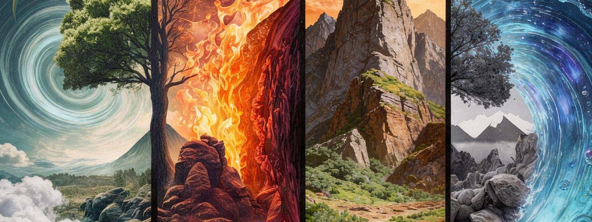 Os quatro elementos — ar, fogo, terra e água — representados como paisagens naturais em painéis verticais justapostos