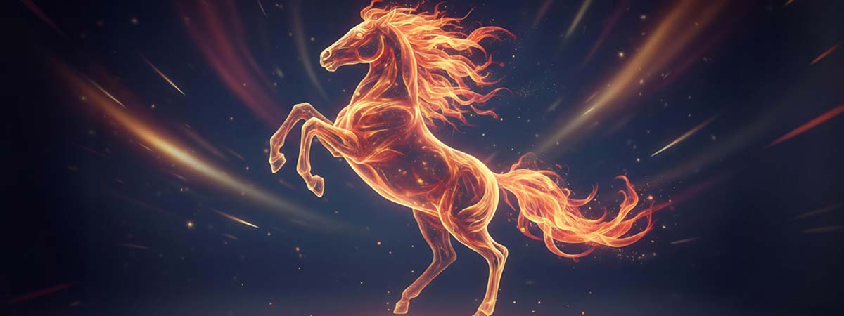 Caballo de fuego encabritado sobre fondo oscuro con destellos de luz, representando el año del Caballo de Fuego 2026