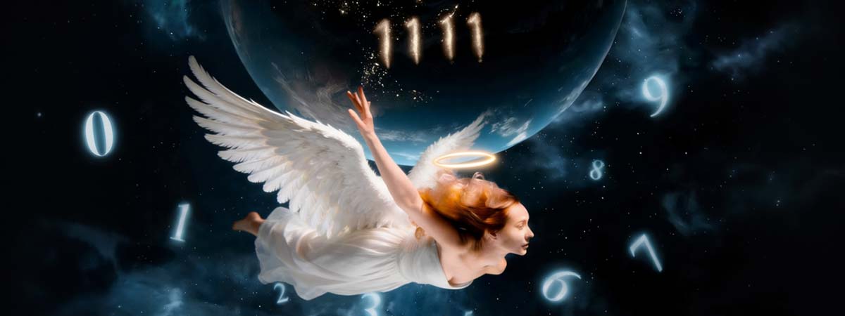 Ángel volando rodeado de números flotantes con el 1111 destacado sobre un fondo cósmico oscuro