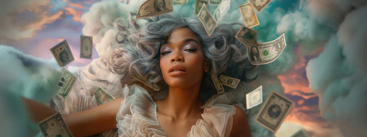 Mujer con cabello gris rodeada de billetes flotantes entre nubes de colores, representando la abundancia y la prosperidad