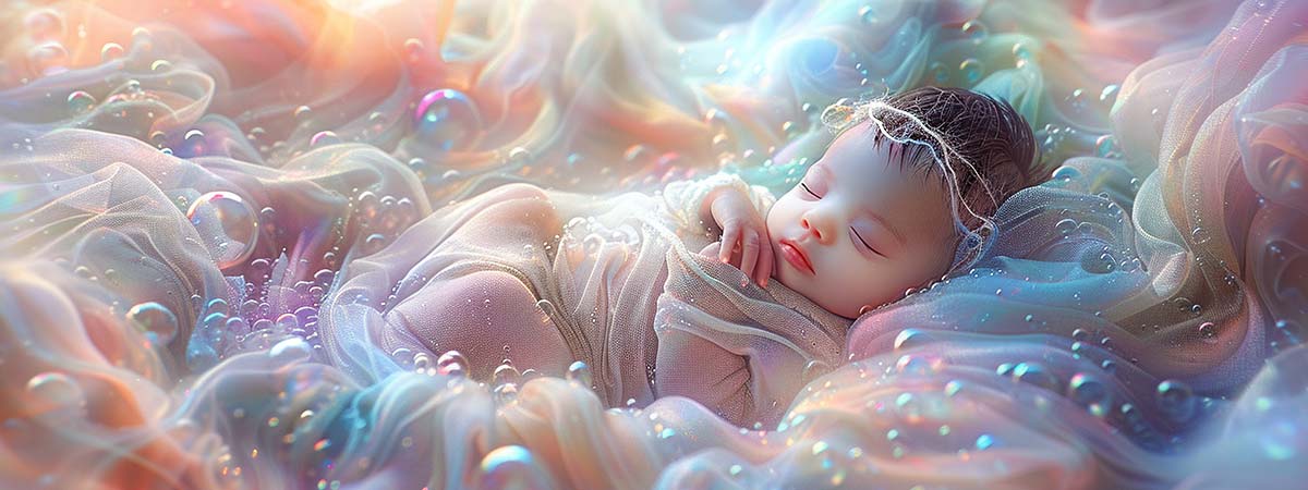 Bebé recién nacido durmiendo plácidamente entre nubes y burbujas de colores pastel