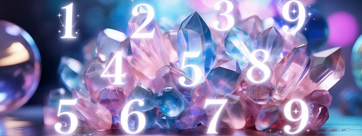 Cristales de cuarzo rosado y azul con números del 1 al 7 brillando sobre ellos en tonos pastel