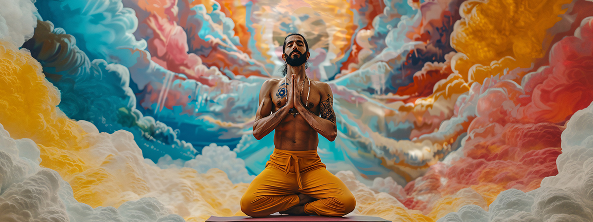 Man meditating in lotus position with hands together, surrounded by vibrant colored clouds representing the chakras