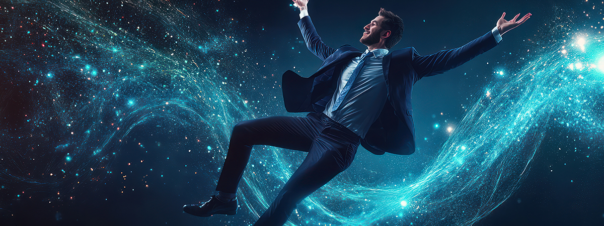 Hombre de traje volando dinámicamente entre partículas de luz azul sobre fondo oscuro, representando libertad y creatividad empresarial