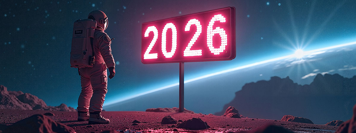 Astronauta frente a un cartel luminoso con el número 2026 en la luna — predicciones numerológicas segundo semestre