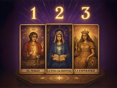 Tres cartas de tarot (El Mago, La Sacerdotisa, La Emperatriz) con números dorados 1, 2, 3 mostrando la conexión entre tarot y numerología