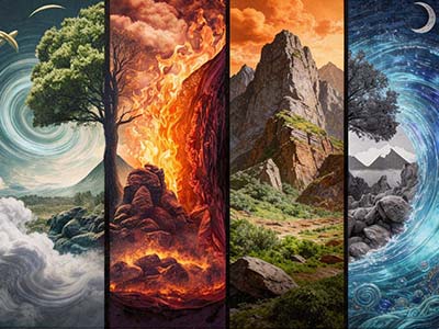 Los cuatro elementos — aire, fuego, tierra y agua — representados como paisajes naturales en paneles verticales yuxtapuestos