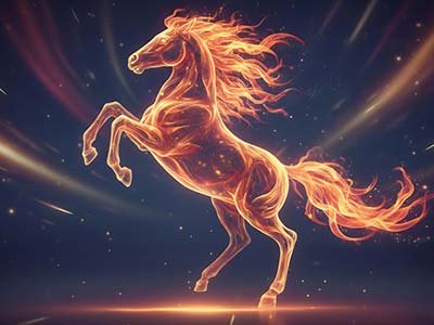Caballo de fuego encabritado sobre fondo oscuro con destellos de luz, representando el año del Caballo de Fuego 2026