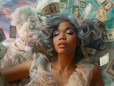 Mujer con cabello gris rodeada de billetes flotantes entre nubes de colores, representando la abundancia y la prosperidad