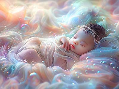 Bebé recién nacido durmiendo plácidamente entre nubes y burbujas de colores pastel