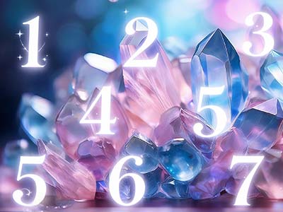 Cristales de cuarzo rosado y azul con números del 1 al 7 brillando sobre ellos en tonos pastel