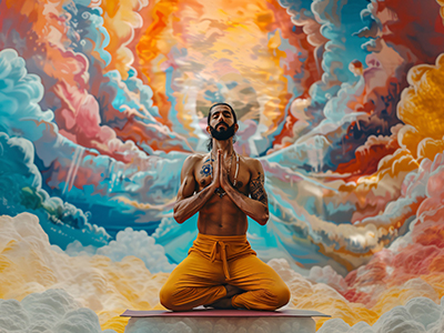 Man meditating in lotus position with hands together, surrounded by vibrant colored clouds representing the chakras
