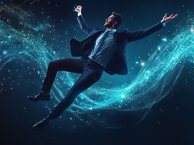 Man in a suit flying dynamically through blue light particles on a dark background, representing business freedom and creativity
