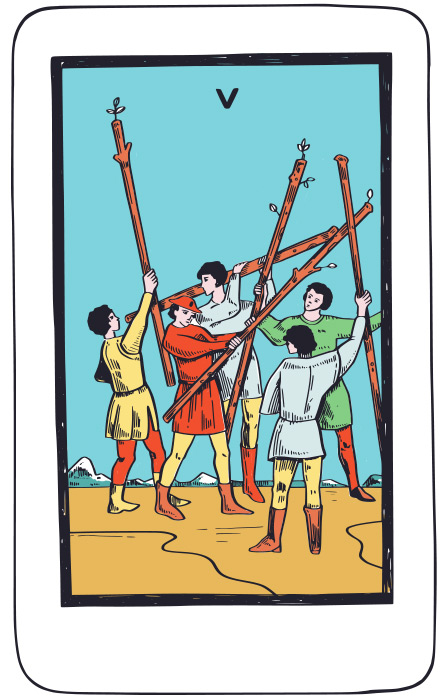 Cinco de Bastos - Tarot Rider Waite